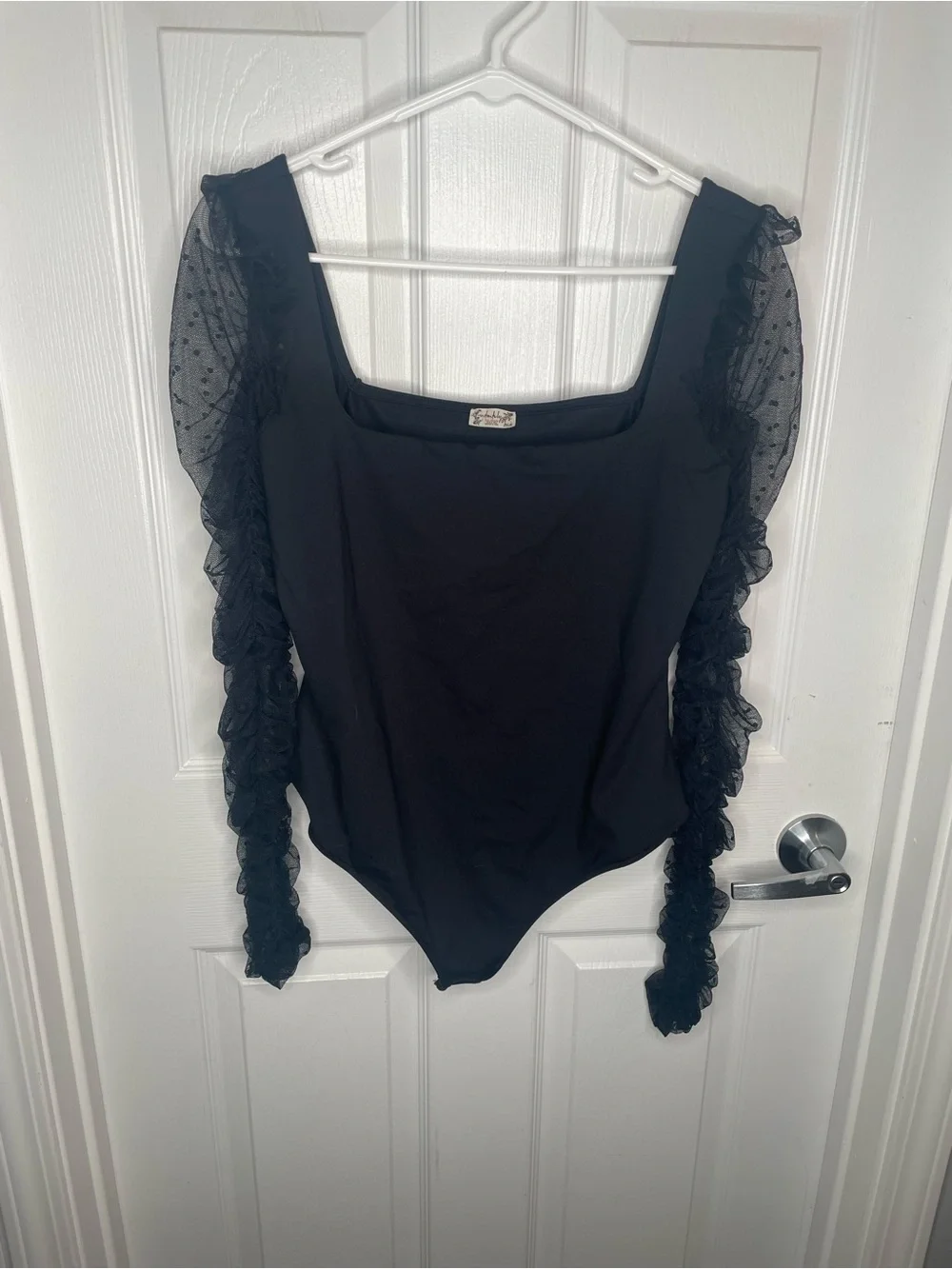 Free People Must Be Love Bodysuit Mesh Ruched Sleeve Square Neck in Black L